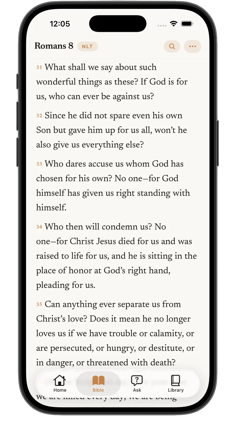 The Bible reader in Selah, showing Romans 8 in plain, readable type.