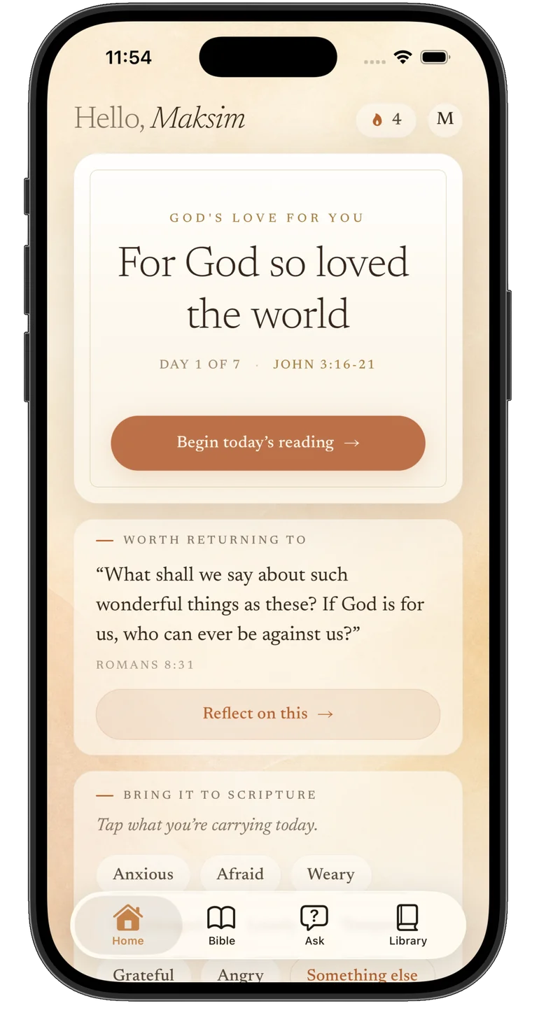 The Selah home screen with today's verse and reading journey.